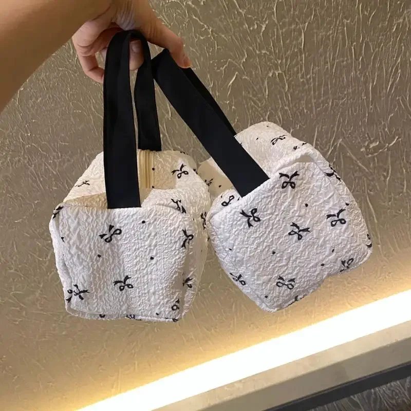Cute Bow Printing Makeup Bag Portable Large Capacity Storage Toiletry Handbag Snack Bag