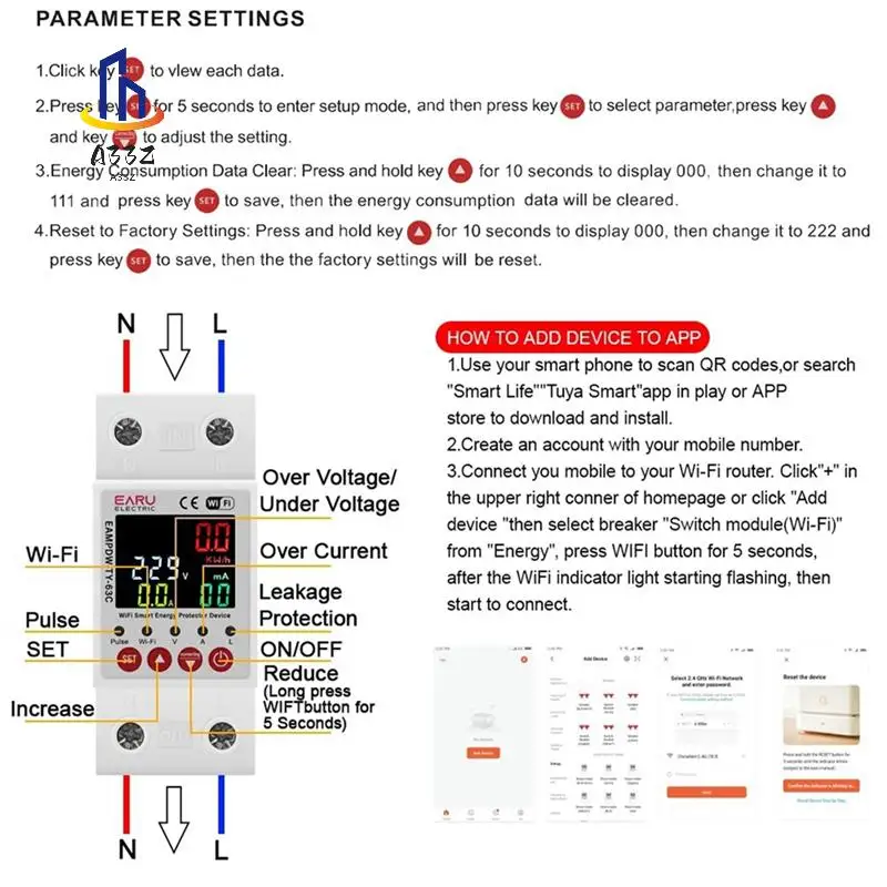

A33Z-2P 63A TUYA APP Wi-Fi Smart Circuit Защита от утечки на землю при пониженном напряжении Реле Устройство Выключатель