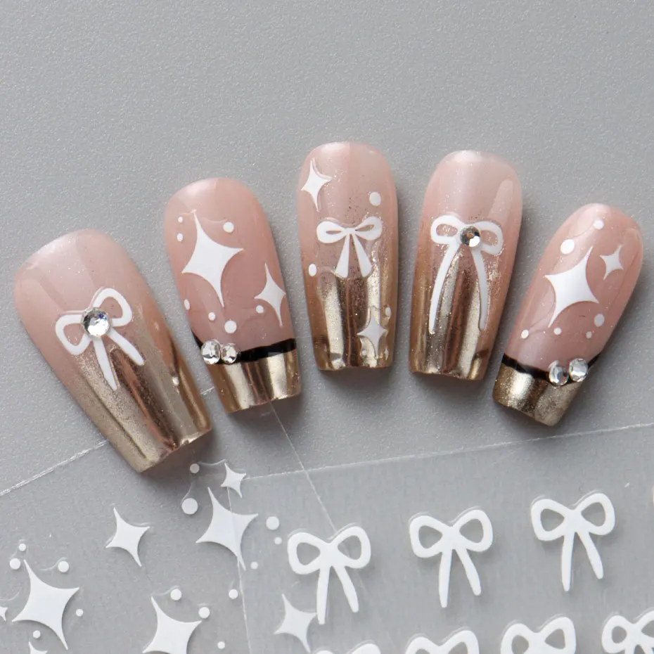 2pcs Cartoon White Bowknot Slider Mini Lace Ribbon Bow Butterfly Nail Stickers Lovely Japan Style Star Dot Charms Manicure Decor