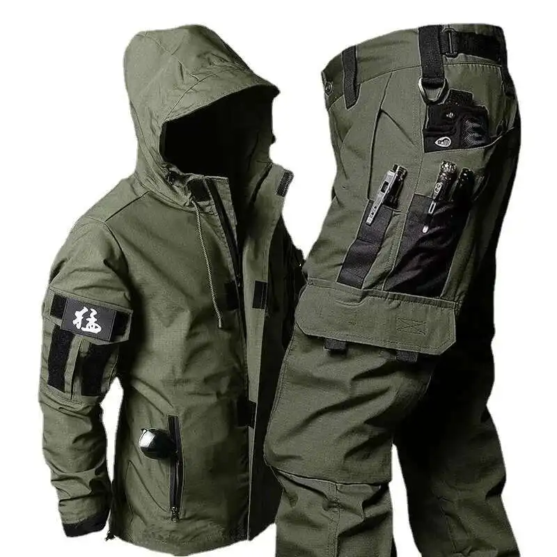 

Tactical Hooded Set Men Waterproof Multi-Pocket Wear Resistant Cargo Pant Jacket 2Piece Suit Outdoor Special Forces Combat Suits