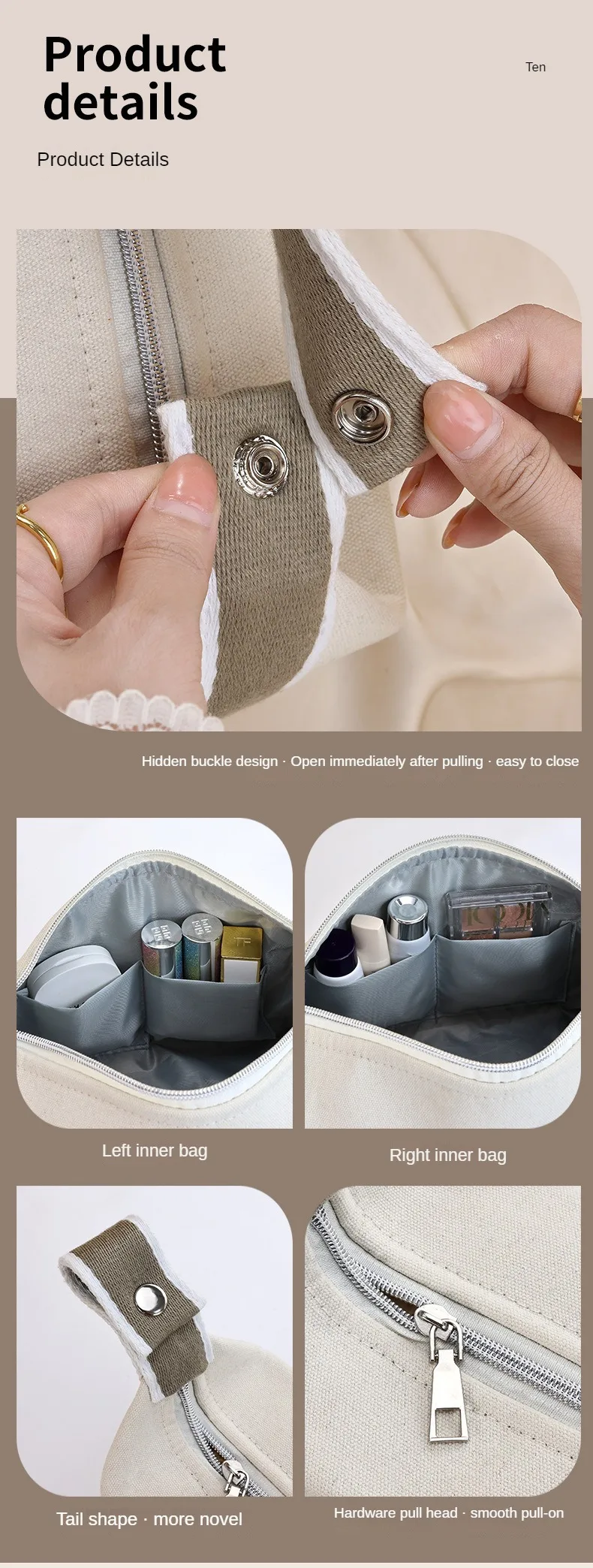 Hochwertige tragbare Make-up-Tasche aus Kamelien-Canvas für Reisen, großes Fassungsvermögen, Aufbewahrungstasche für Toilettenartikel, Kosmetik, Hautpflege – Detail 9