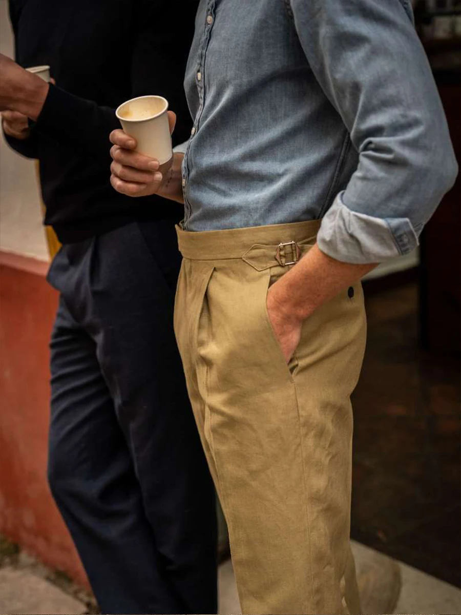 100% Linen Men's Khaki Micro Cone Casual Pants with Italian Naples Paris Buttons - Customizable
