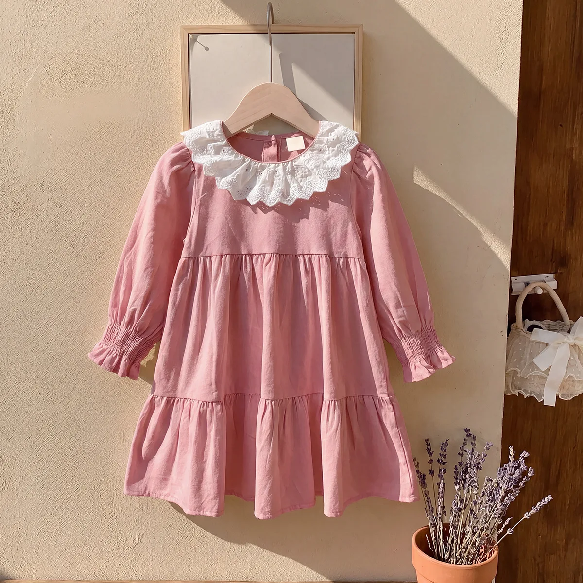 2026 Autumn Korean Version Children's Clothing Lotus Leaf Lace Collar Sweet Children's Cotton Dress with Cake Skirt