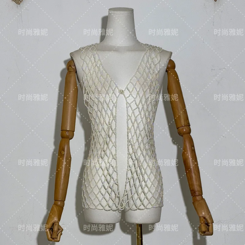 Elegant Fashion Pure Handmade Pearl Coverup Party Bikini Beach Knitting Vest Hollow Out Vest Jacket Bra Beaded Decoration