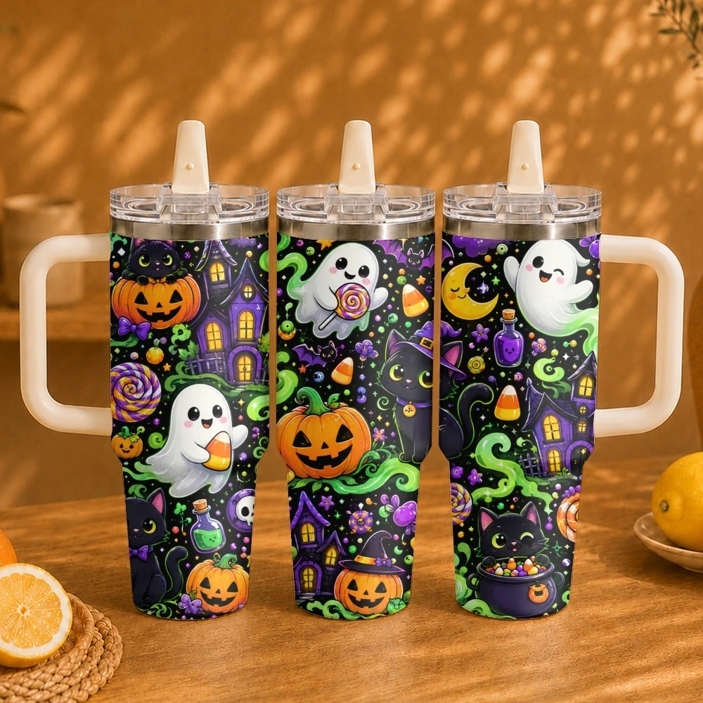 Cartoon Halloween Ghost Vacuum Flasks 40oz Vacuum Insulated Travel Mug - Stainless Steel Straw Cup Lid