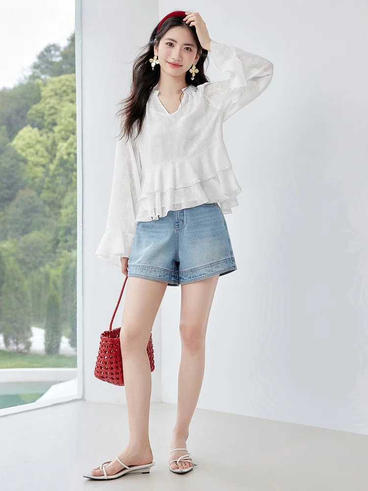 

L﹒WEST V-ne Slimming Top Women's Faion Design Spring Summer New Sle Le Detailing Cover Belly Straight Cut irt