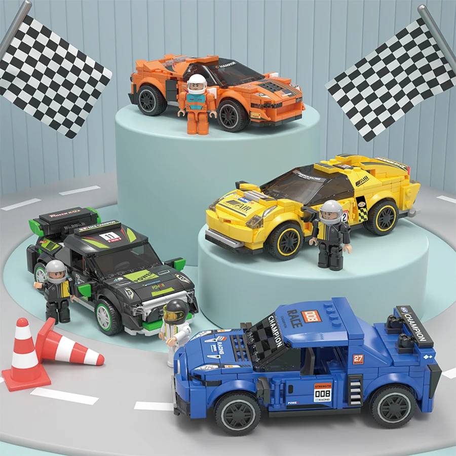 Four models of small particle building block racing cars are given as holiday gifts to friends as gifts