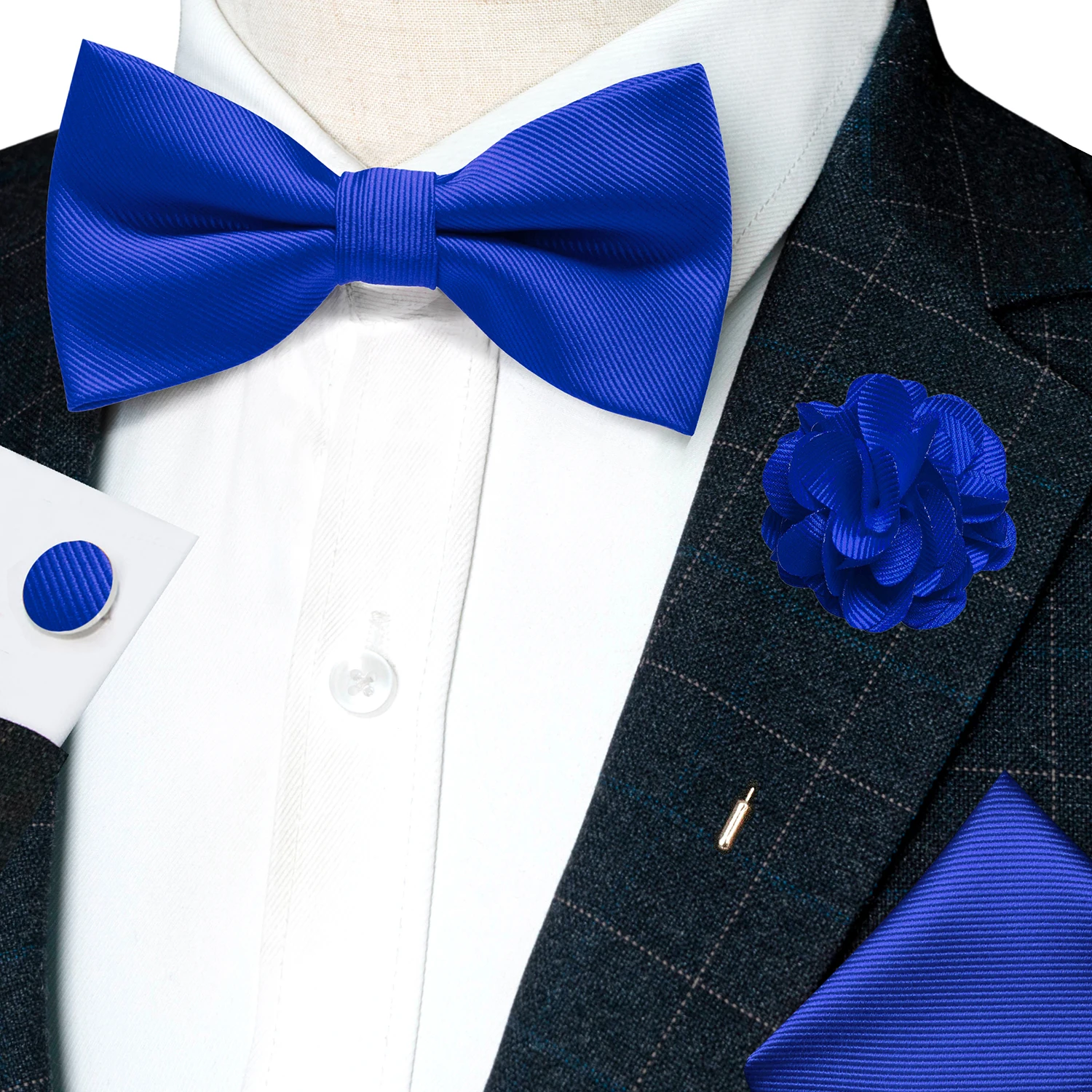 Hochzeits-Fliege für Herren, einfarbig rosa, vorgebundene Fliege, Einstecktuch, Manschettenknöpfe, Corsage-Set, Party, Business, Seiden-Schmetterlingsknoten, Geschenk – Detail 8