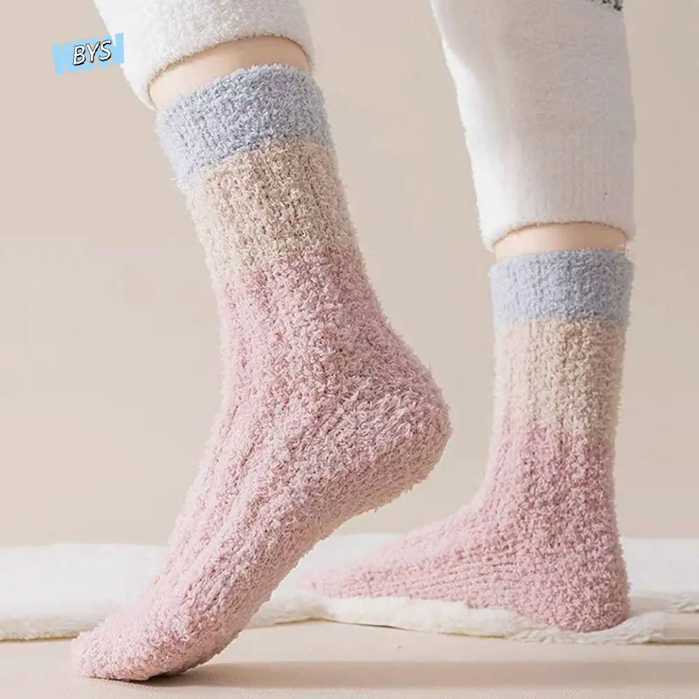

3Pairs Thickened Coral Fleece Socks Winter Stripe Floor Plush Socks Simple Hosiery Mid Tube Socks Women For Female Men