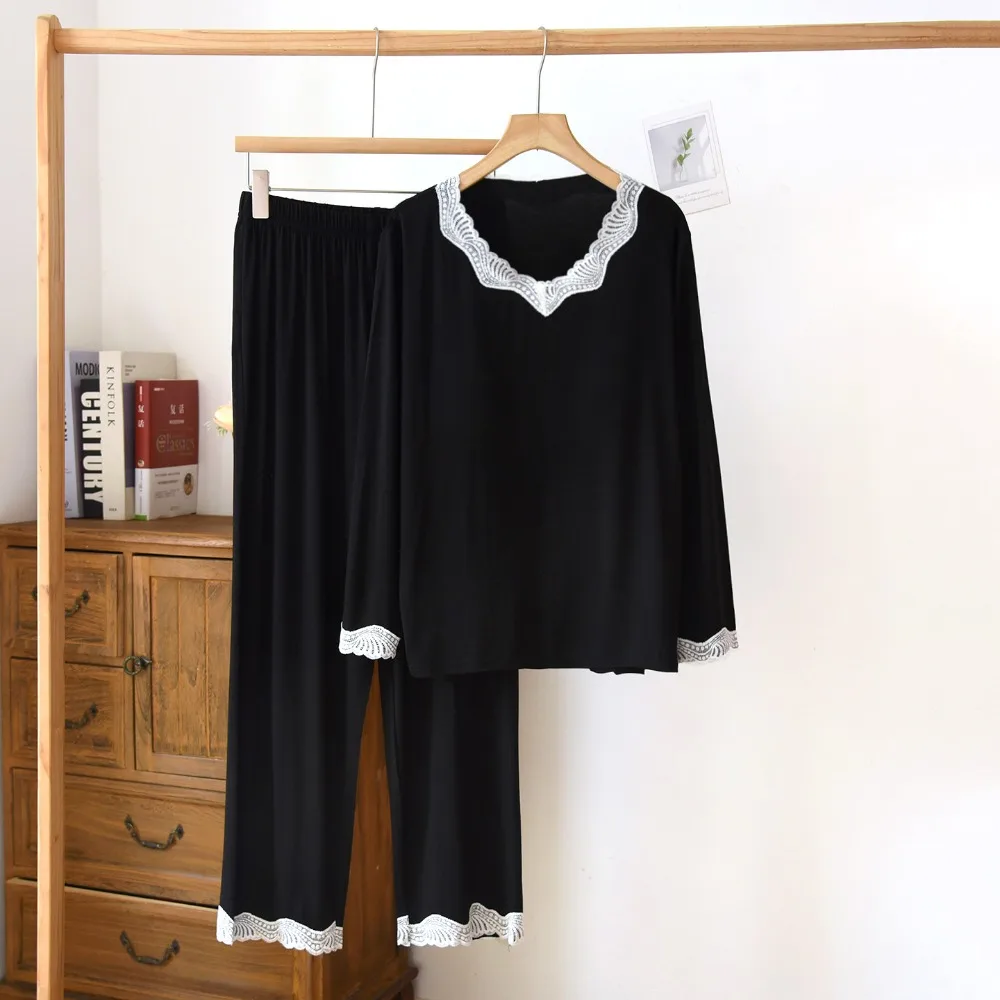 Solid Color Home Wear Modal Chest Pads Pyjamas Sets Woman 2 Piece Pajamas Female Spring Autumn New Long Sleeves Home Clothing