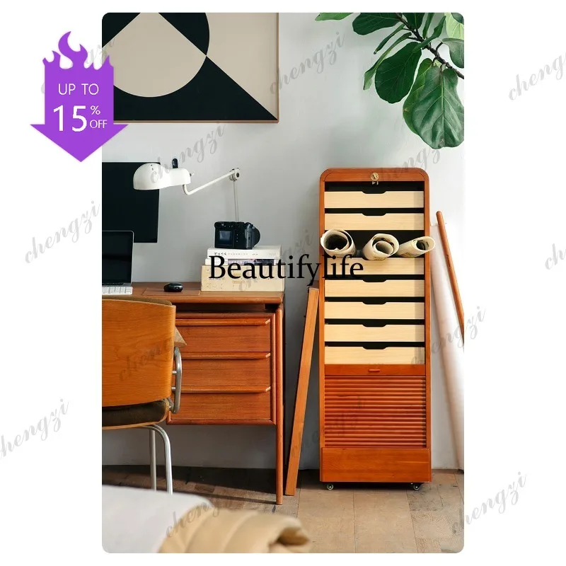 03 Rolling shutter door Treasure medieval cabinet Retro locker Removable file storage cabinet Cherry wood