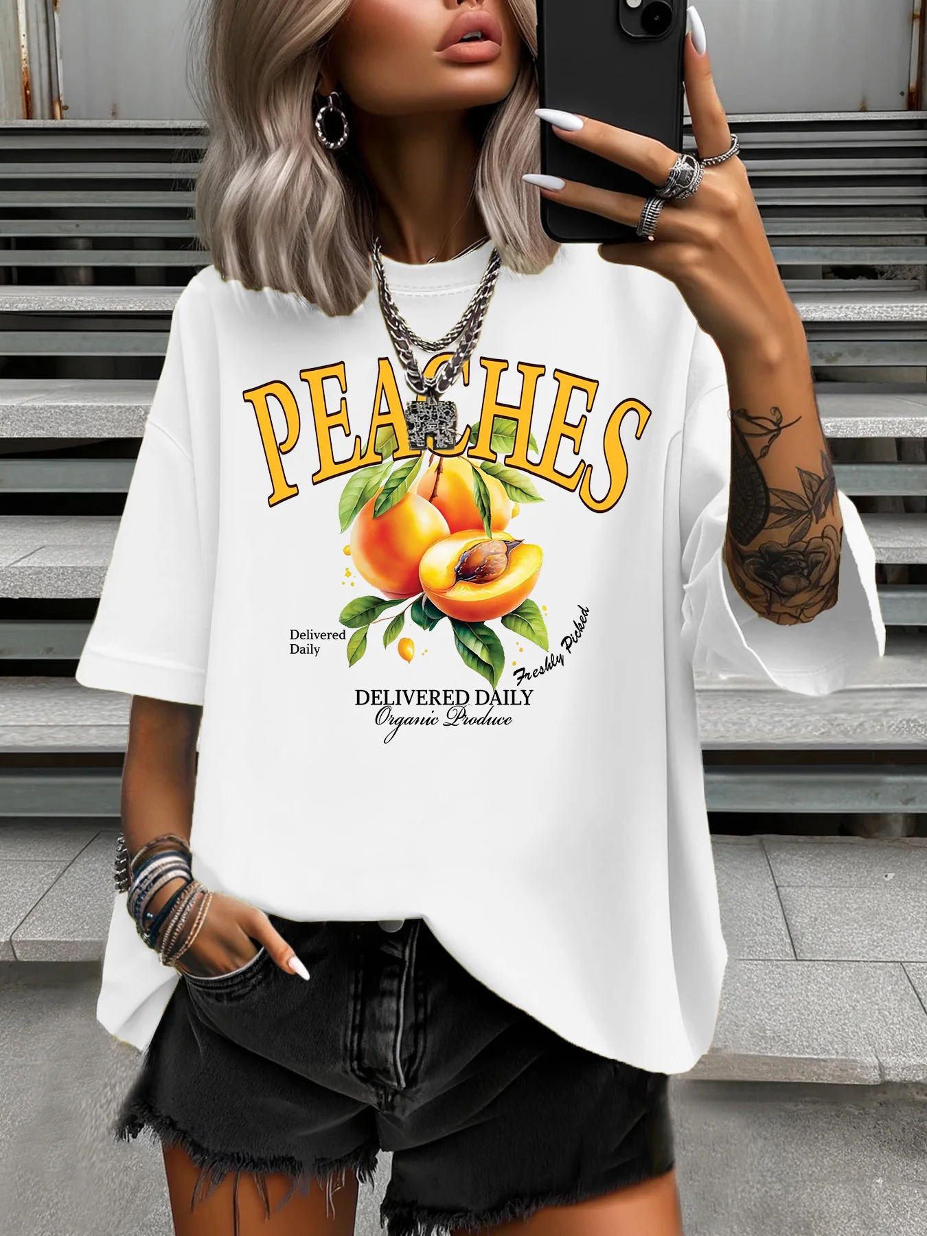 

Summer Women's Plus Size T-Shirt Original Design Fashion Letter Yellow Peach Printed Women's Casual Crew Neck Short Sleeved Tops