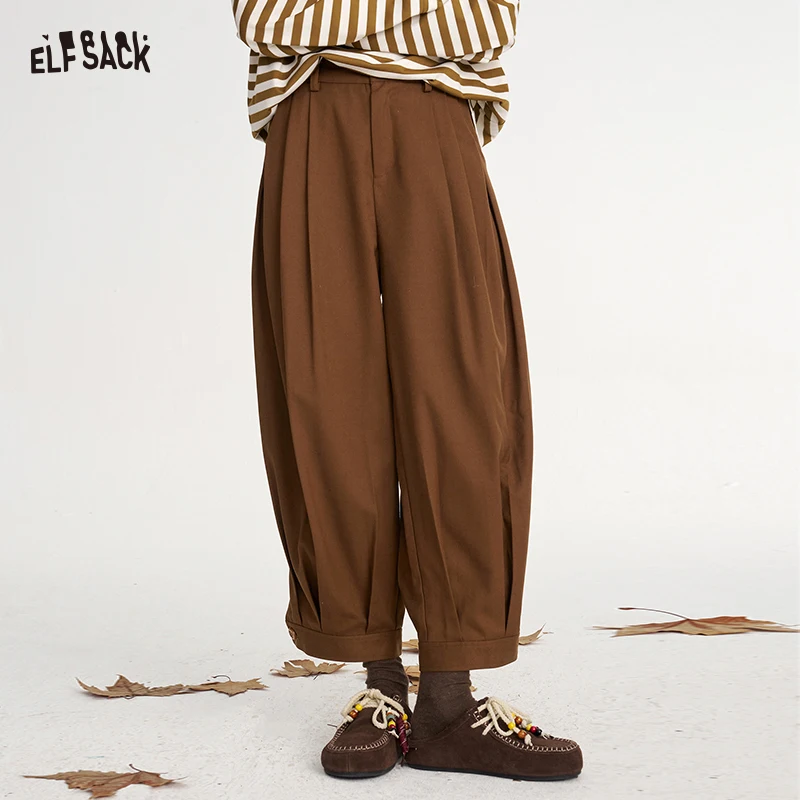 ELFSACK Women's Brown Loose Tapered Pants with High Waist, Casual Vintage Trousers for Everyday Wear