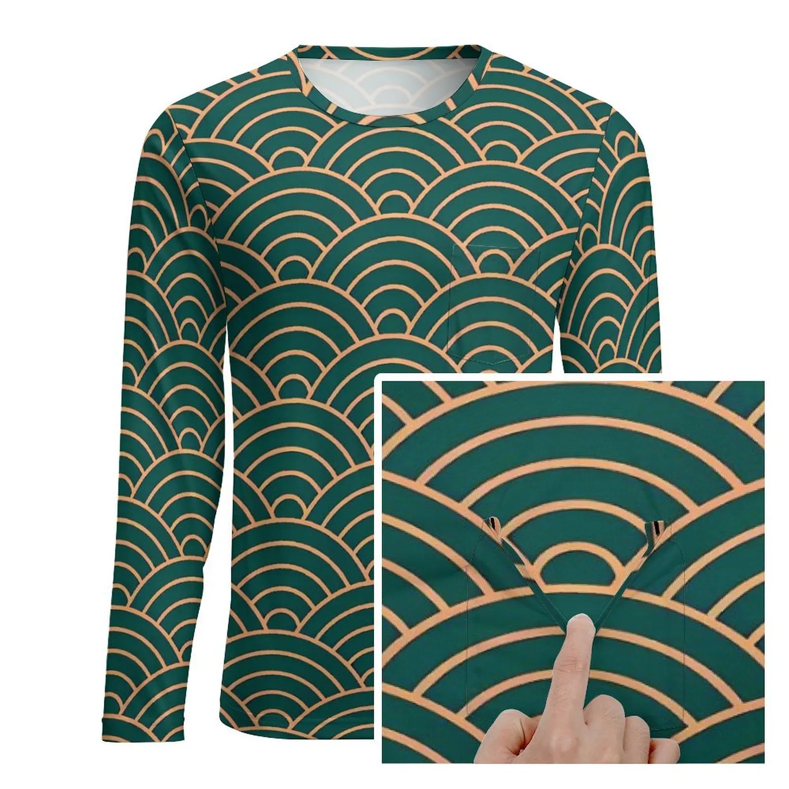 Japanese Seigaiha Waves Green T Shirt  Mens Trendy T Shirts Autumn Graphic Tee Shirt Long Sleeve Funny Plus Size Gift