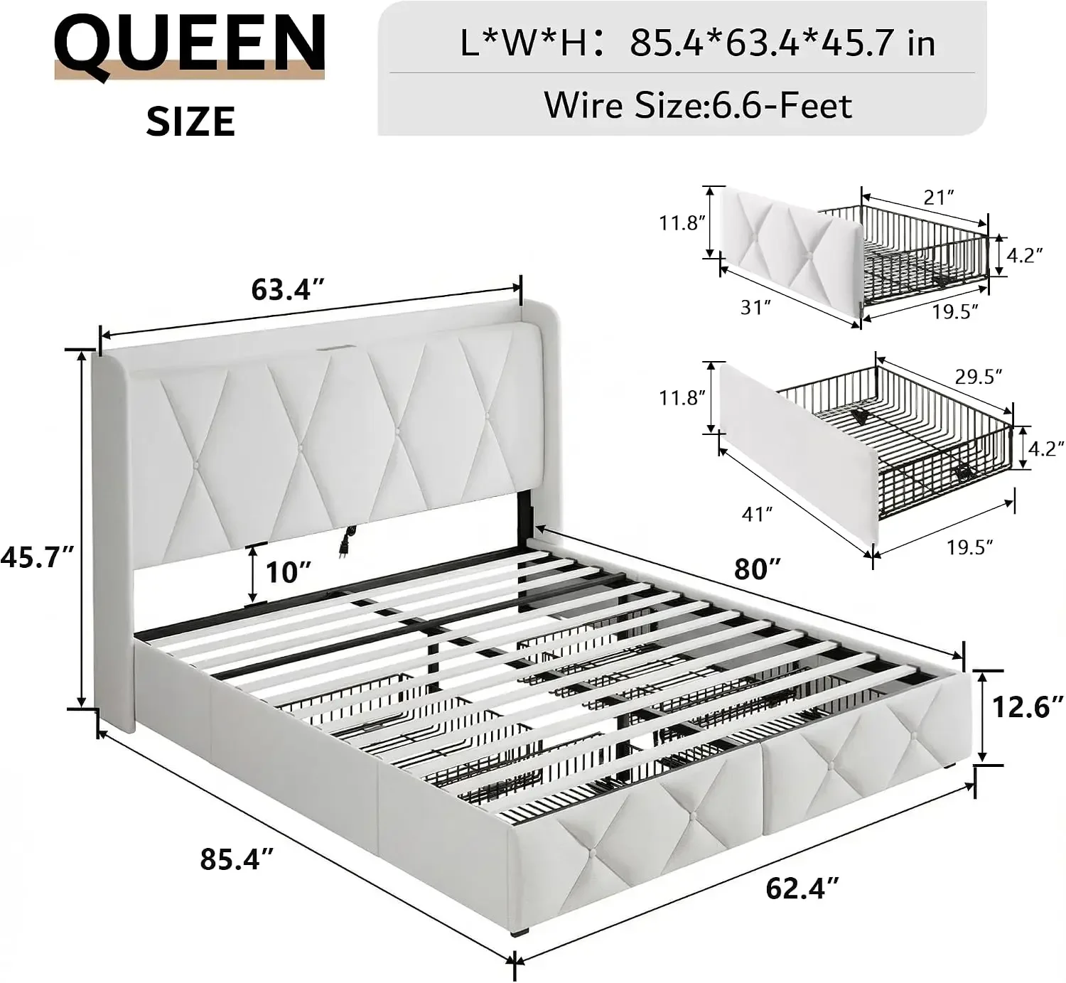 Queen Bed Frame with 4 Storage Drawers, Upholstered Platform Bed Frame with Charging Station, Modern Wingback Storage
