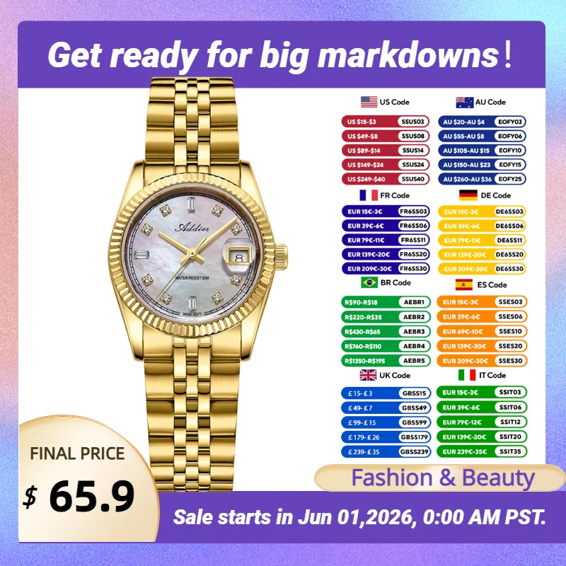 

Addies 28mm Business Ladies Quartz Wristwatch Sapphire Glass Czech Rhinestone Mother-Of-Pearl Dial Watch 316L Stainless Steel