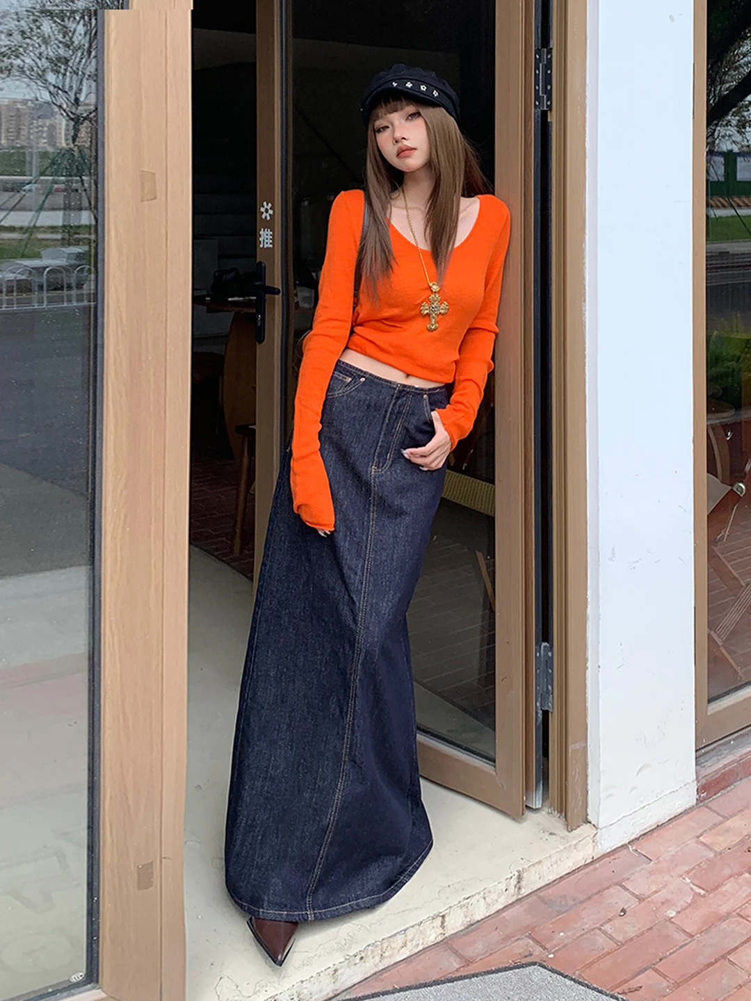 

High Waist Denim Skirt Women's Autumn Winter Small Size American Retro Deep Blue Long Skirt Draped Ba Split f Body Skirt
