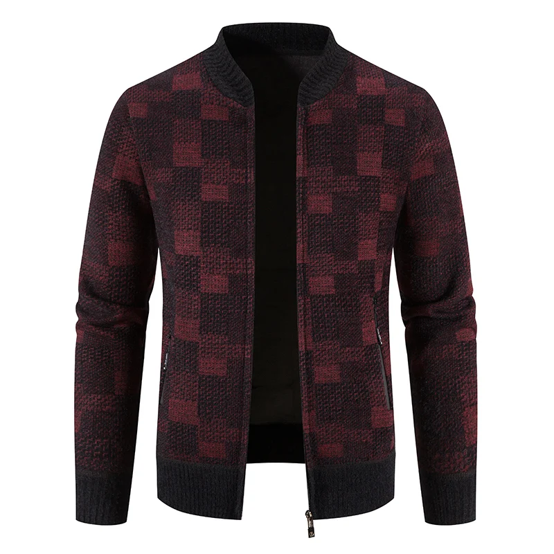 Mens Cardigan Sweater Autumn Winter Thick Warm Zipper Plaid Fashion Slim Fit Knitted Jacket Male Fleece Sweatercoat Men Clothing