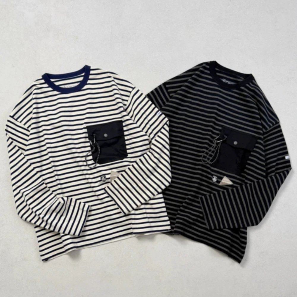 AND WANDER Striped Long Sleeve T Shirt Men Heavyweight Cotton Tee Utility Pocket Crew Neck Outdoor Casual Streetwear Top Autumn