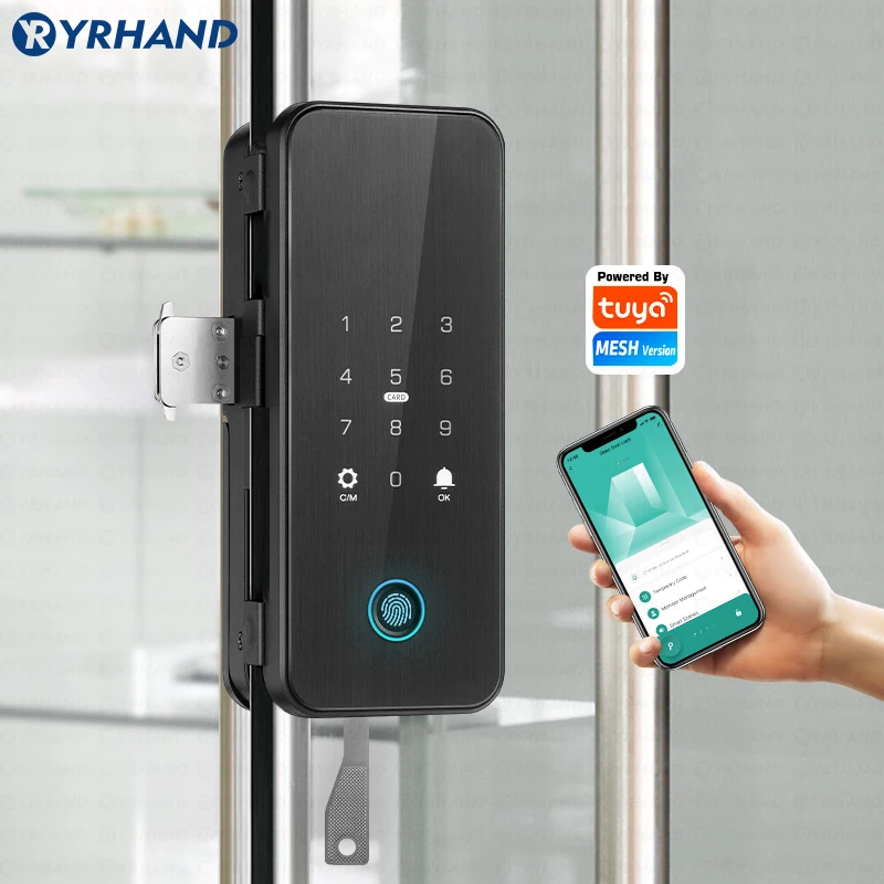 YRHAND Drill free Bluetooth Biometric Fingerprint RFID Card Code Remote Control Tuya App Electronic Smart Glass Door Lock