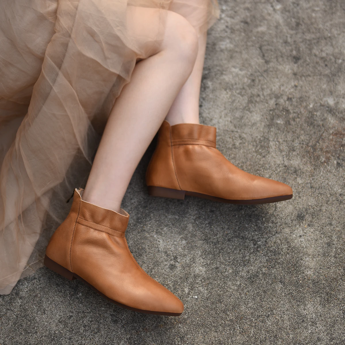 Artmu Original Pointed Toe Ankle Boots For Women Genuine Leather Low Heel Back Zip High Top Shoes Soft Sole Sewing Slip On Boots image 5