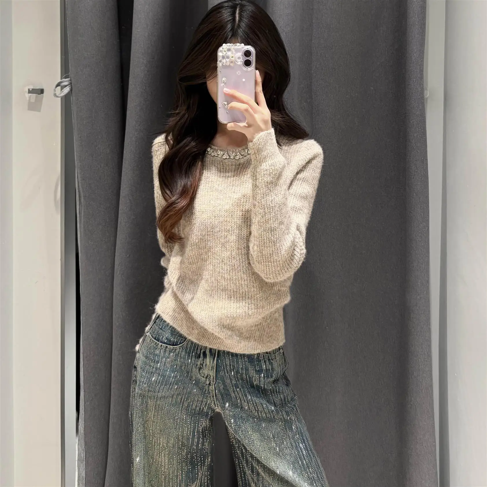 

Корейский вязаный свитер с круглым вырезом для женщин, осенне-зимний, мягкий, средней толщины, с длинными рукавами, теплый, однотонный топ