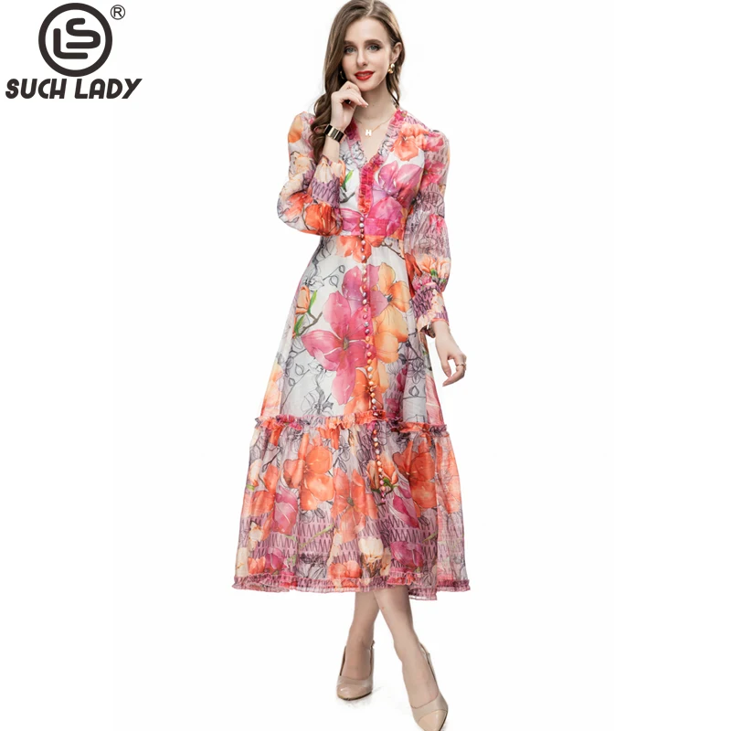 

Women's Runway Dresses V Neck Long Sleeves Printed High Street Fashion Elegant Fashion Designer Vestidos