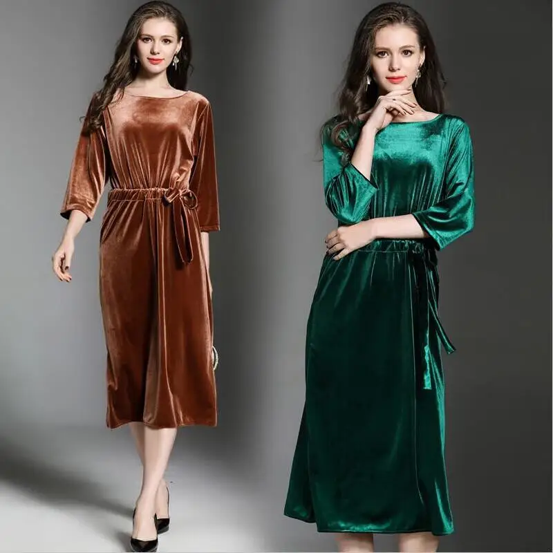 2024 fashion Women Spring Autumn Three Quarter Sleeve Long Dress vintage Sashes Sheath Velvet dress  velour dress -