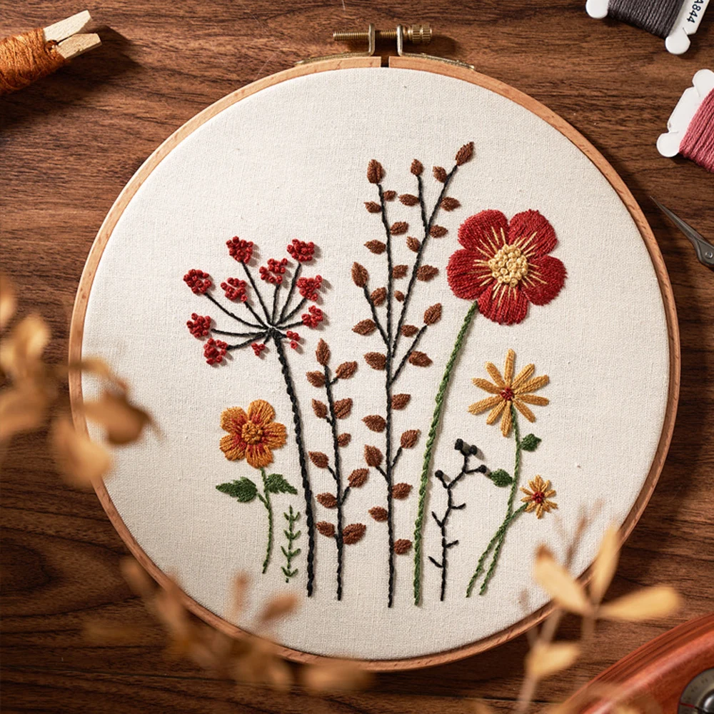 

DIY Embroidery Kit With European Flowers Pattern and Instructions Cross Stitch Set Stamped Starter Embroidery Kits With Hoops