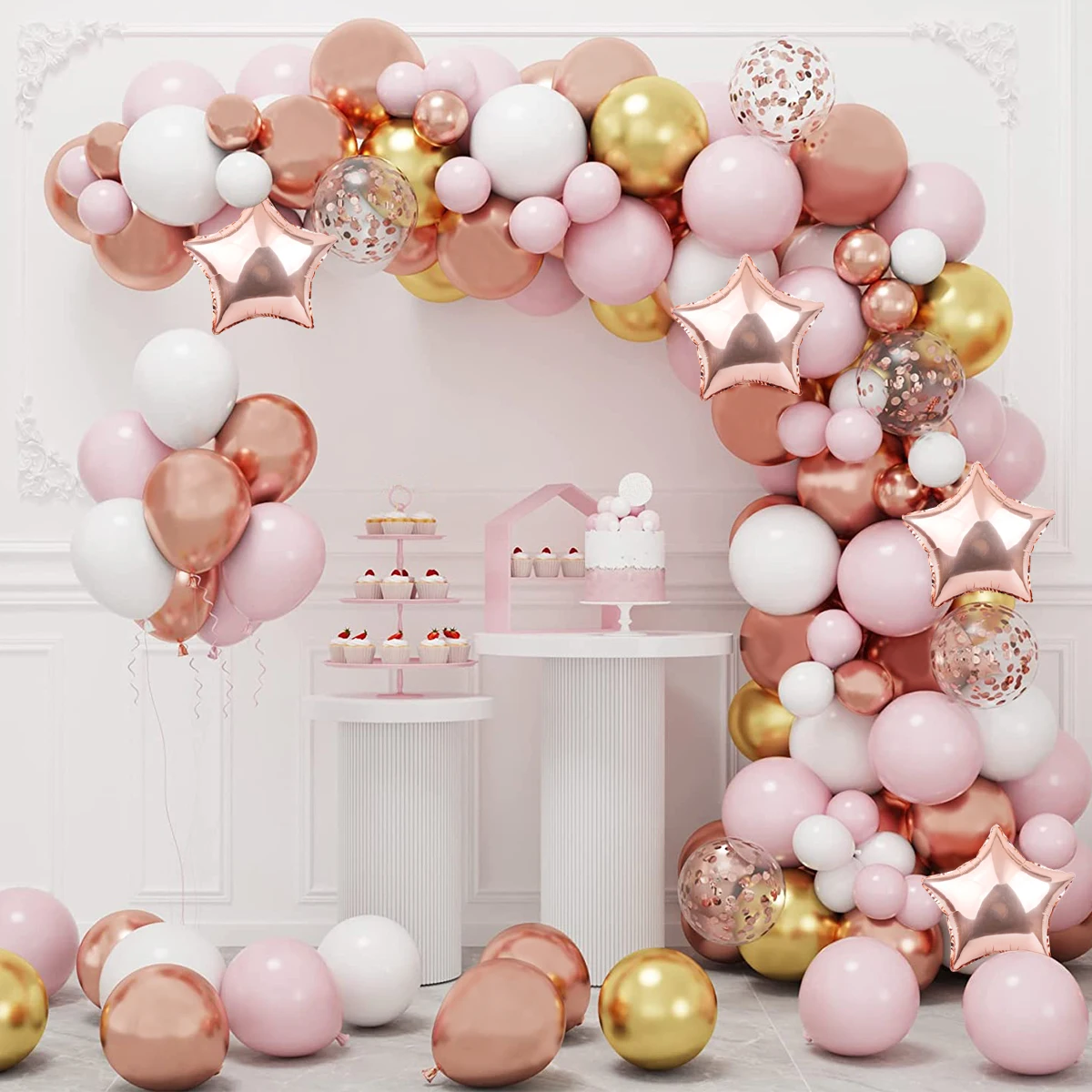 Kit de arco de guirnalda de globos rosa, decoración de fiesta de cumpleaños de boda, confeti de oro rosa para niños, globo de látex, revelación de