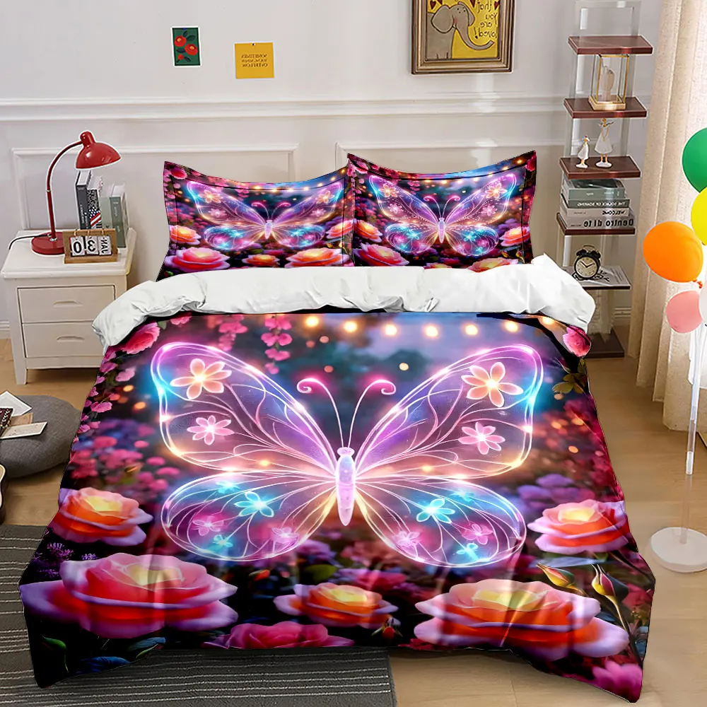 Dreamy Butterfly in Night Garden Bedding Set for Kids Luxury Gift 3pcs Digital Print Comforter Set Soft Comfortable Breathable