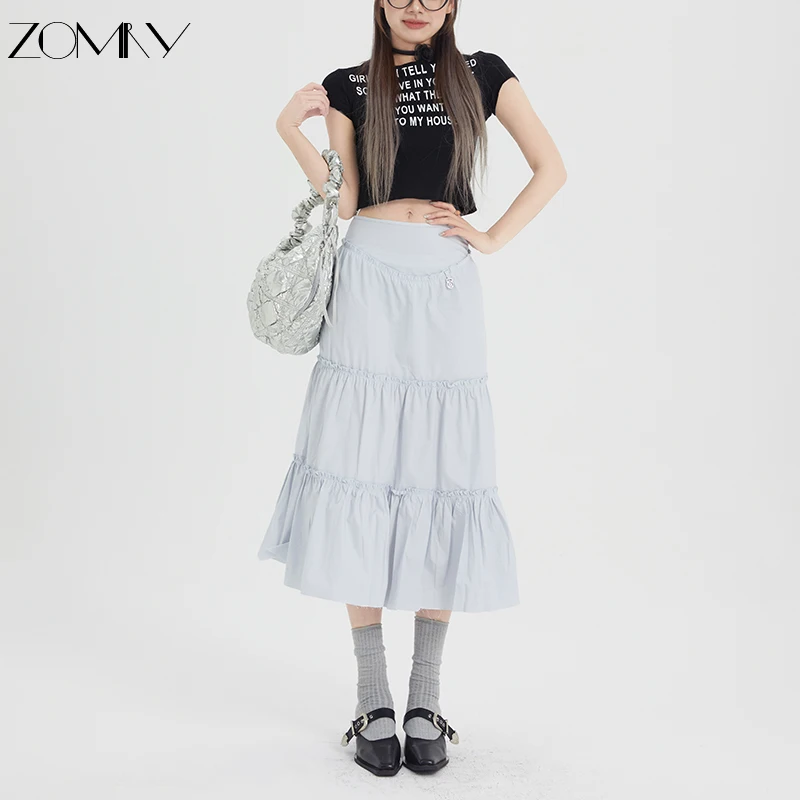 

ZOMRY Korean Style Fashion Ladies Elegant Versatile Half Skirt Summer New High Waist Casual Solid Color Loose Pleated Cake Skirt