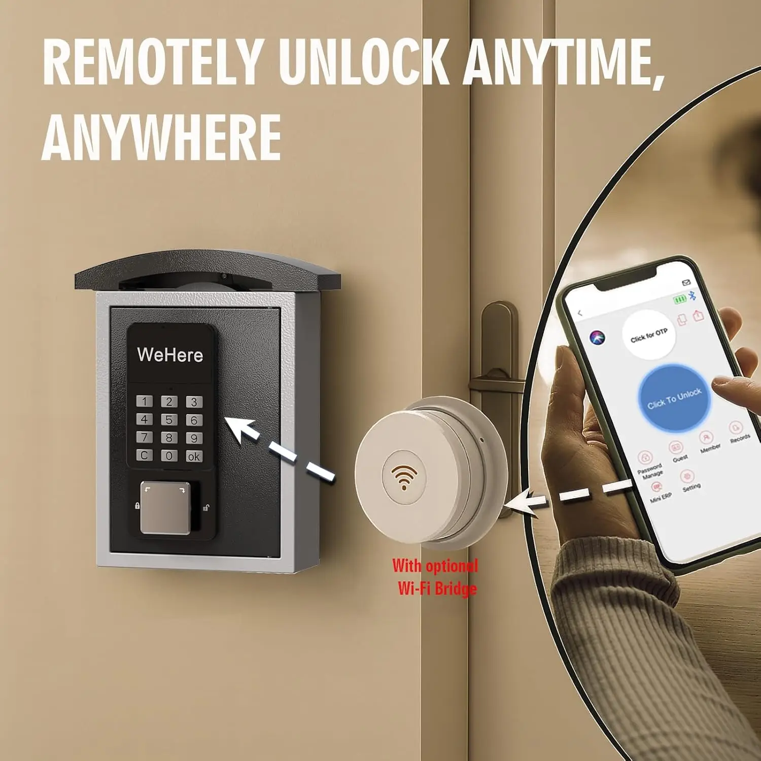 WeHere Smart Lock Box Wall Mount with Key Drop Slot, OTP/APP Bluetooth/Wi-Fi/Fixed Code Unlock, Key Safe Box for House Outside