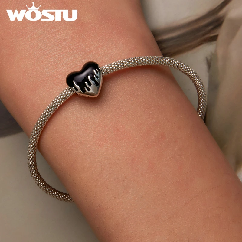 WOSTU 100% 925 Sterling Silver Black&White Contrasting Color Burning Love Charm Beaded for Women Fit DIY Bracelet Bangle Jewelry