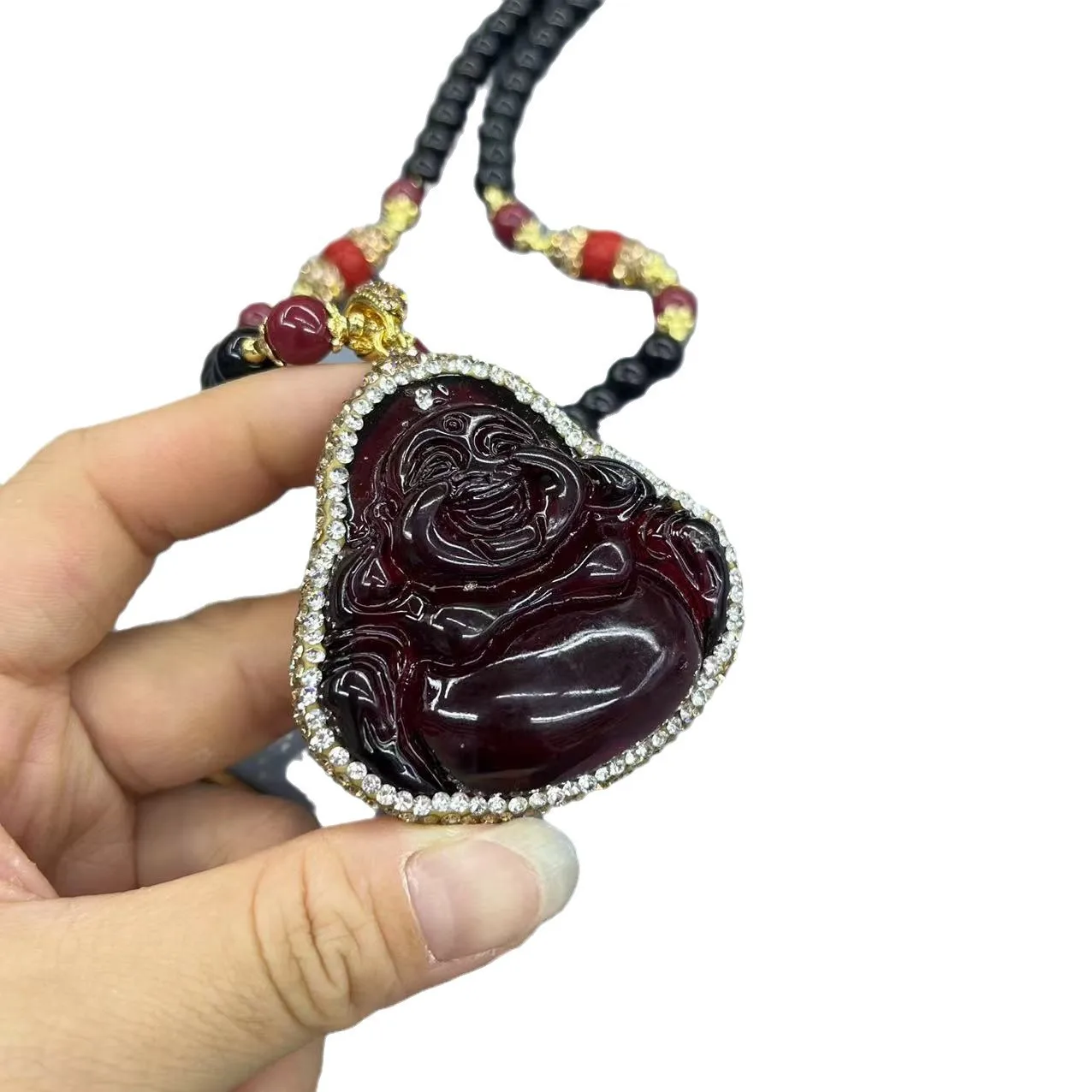 DIY accessories Internet celebrity live broadcast second generation amber laughing Buddha necklace natural agate sweater chain j view 5