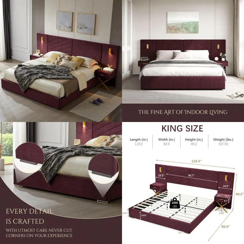 

Elegant King-Size Platform Bed with Velvet Headboard, Integrated Wall Sconces and Nightstands, Durable Metal and Solid Wood Cons