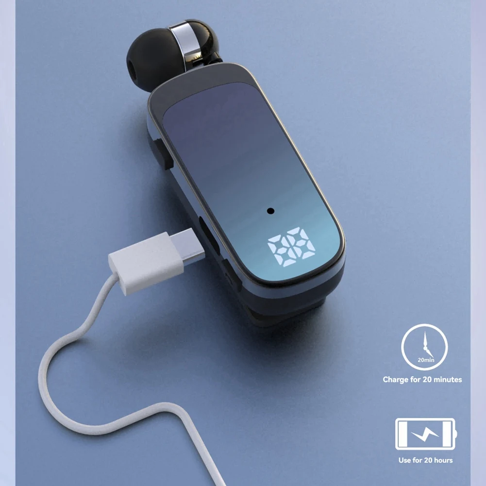 New K65 Tie-Clip Retractable Wired Bluetooth Headset In-Ear Digital Display Long-Life Business Single-Ear Headset Haze Blue