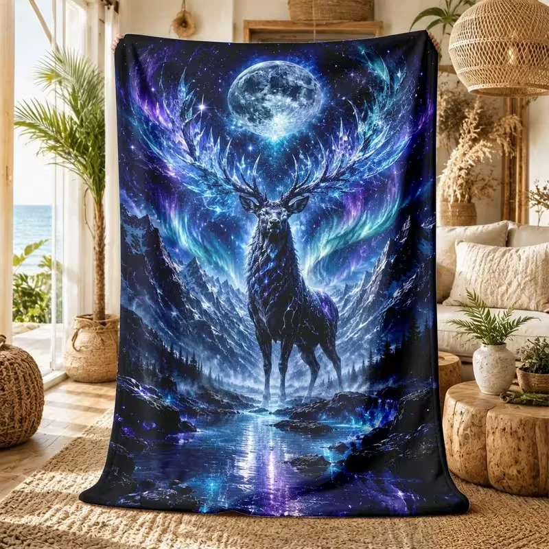 Fantasy Galaxy Moon Elk Deer Mountain River Print Warm Cozy Soft Throw Blanket Sofa Bed Couch Mysterious Home Decor Blanket