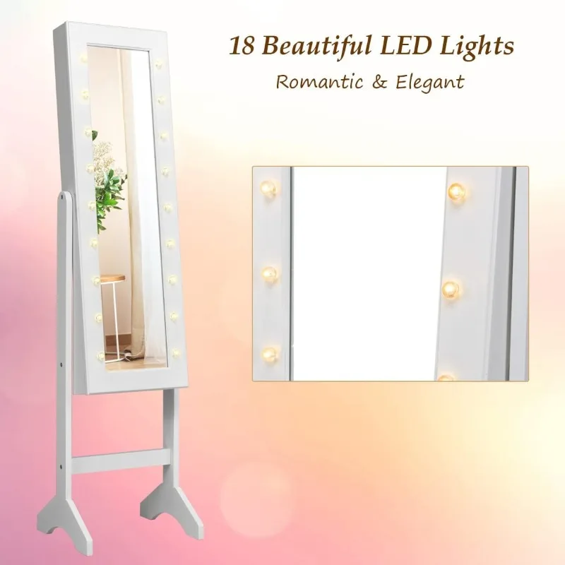 

Standing Jewelry Armoire With 18 LED Lights Around The Door, Large Storage Mirrored Jewelry Cabinet With Full Length Mir