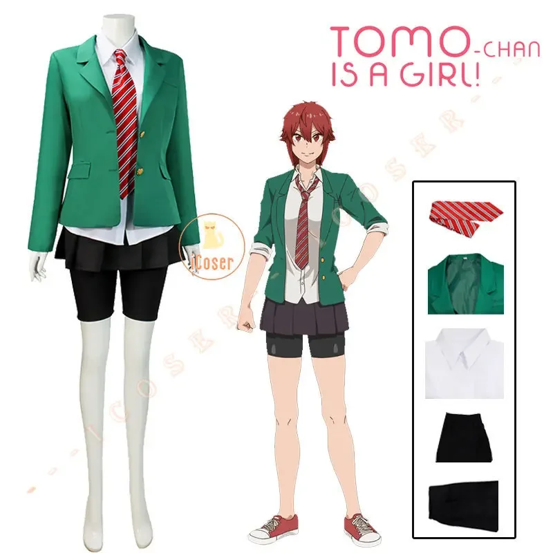 Tomo Aizawa Cosplay Kostüm Perücke Anime Tomo-chan ist ein Mädchen! Junichirou Kubota Grün Schuluniform Rock Spats Hose Damen Herren MS