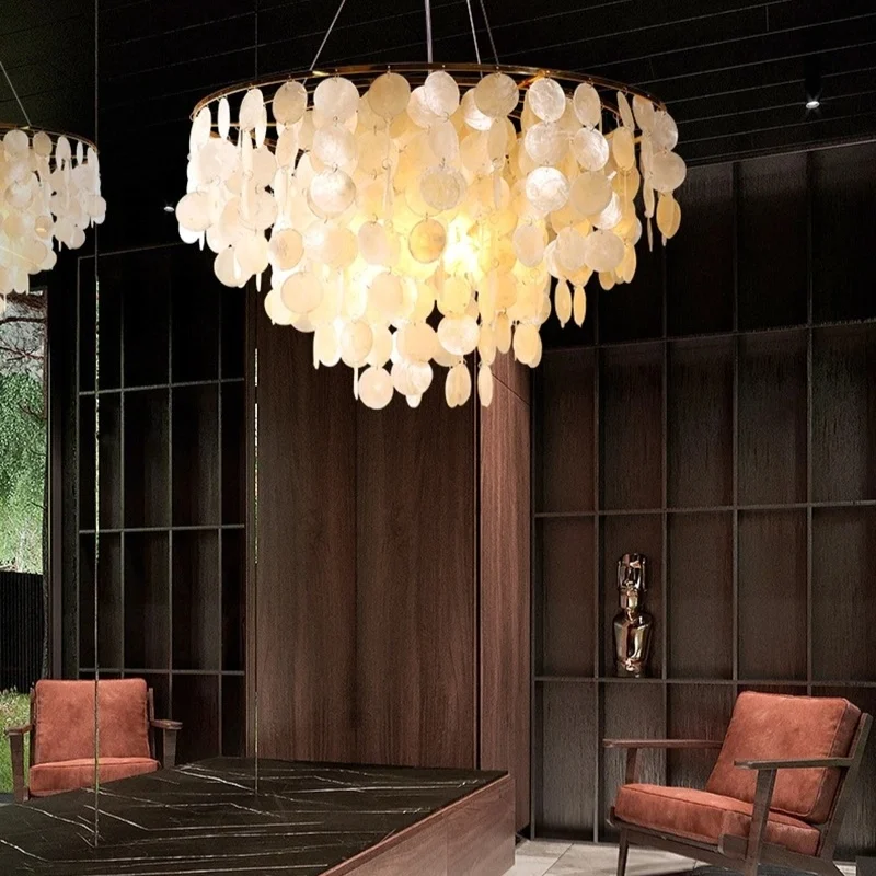 

Modern Luxury Gold Chrome Lustre Shell Chandelier for Restaurant Hotel Living Room Pendant Lamps Indoor Lighting Fixtures