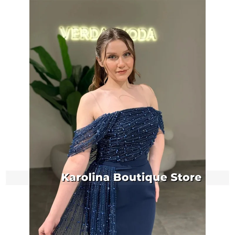 Grânulos personalizados vestido de noite luxo elegante vestidos de festa mulher um ombro trem lateral formal ocasião vestidos azul marinho