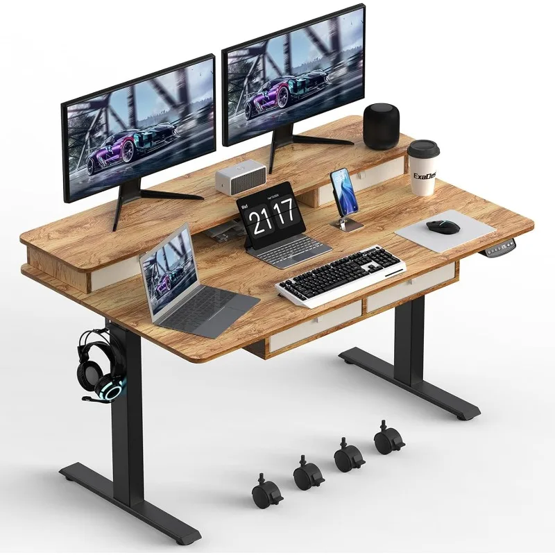 

Electric Standing Desk Adjustable Height Double Storage Shelves Stand Up Desk, Home Office Workstation Sit Stand up