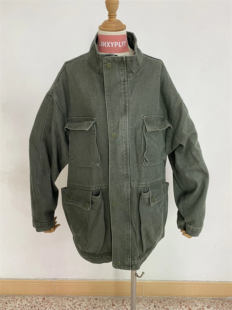

Women's Autumn Retro Washed Military Green Denim Jacket Fashion Female Long Sleeve Vintage Casual Single Breasted Thin Coat
