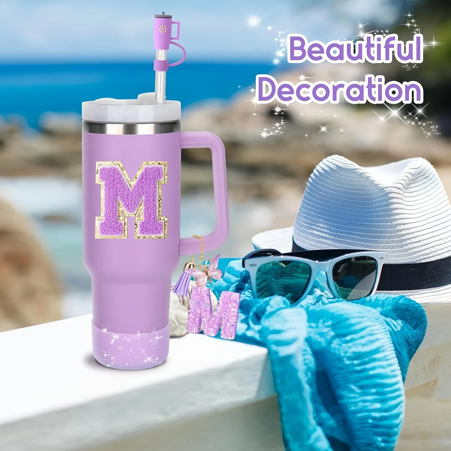 6pcs Water Bottle Accessories Set Initials A-Z Decoration Thermo Bottle Silicone Straw Top Cap Splash Stopper Decorative Sticker