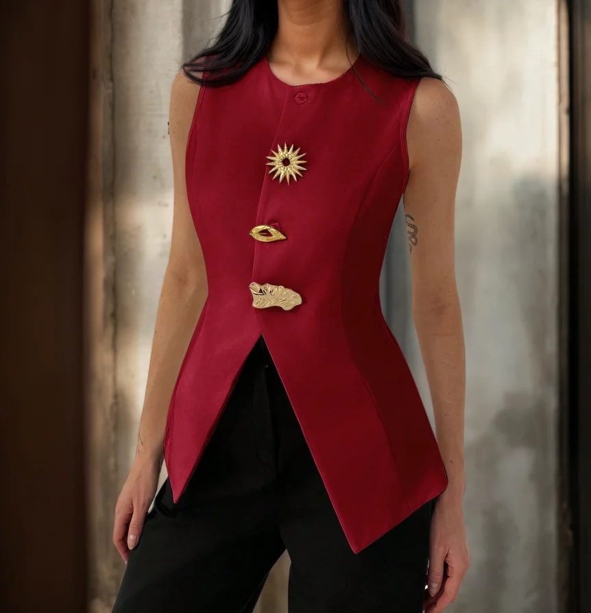 

Top Women 2025 Spring Summer New Solid Color Loose and Versatile Waist Cinching Button Decor Casual Slit Hem Daily Top