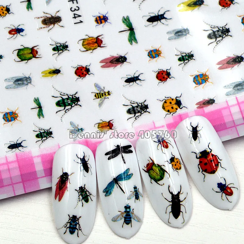 

1 Sheet Beautiful Insects Dragonfly Ladybug Wild Floret Birds Pattern Adhesive Nail Art Stickers Decals DIY Tips F341-360#