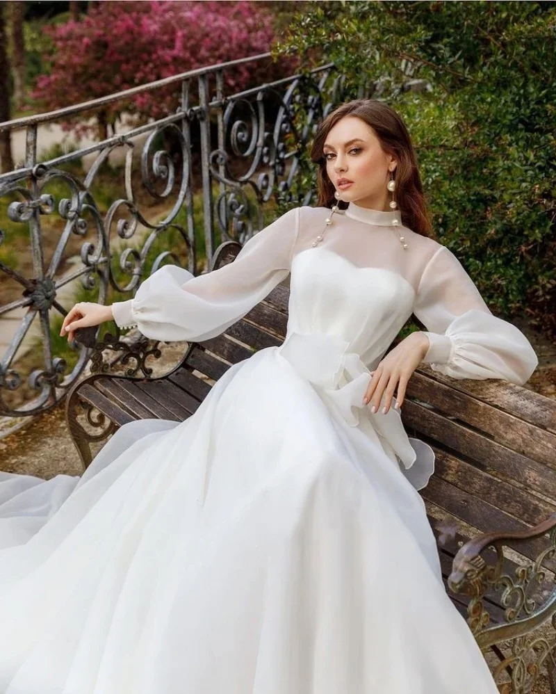 

Custom Bohemian A Line High Neck Organza Wedding Dresses Women Long Sleeve Bridal Gowns Sweep Train Robe De Soirée De Mariage