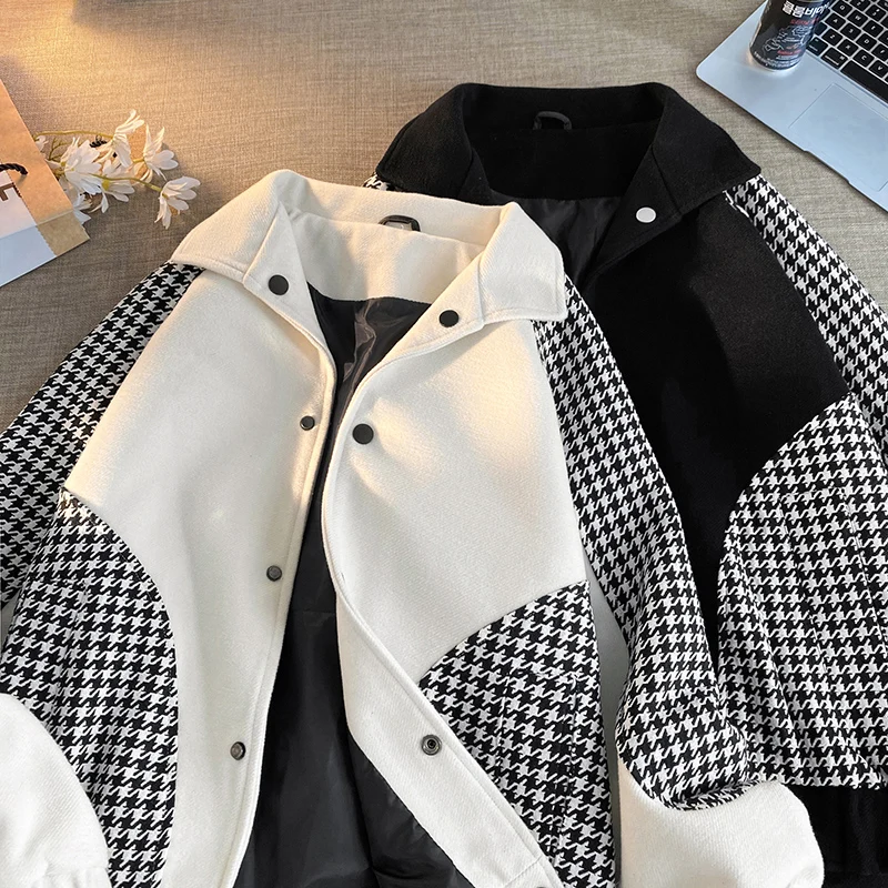 

Casual Loose Men's Tweed Jaet Autumn Winter Faion Brand Workwear Coat with Che Pattern Youth ular Outerwear