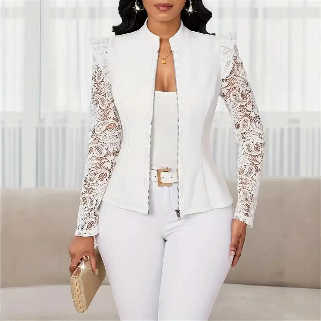 Women's Zipper Lace Sleeve round Neck Cardigan Suit Jacket Long Sleeve Commute Style Fitted Chinese Production